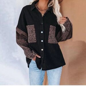 12th Tribe black and leopard denim jacket